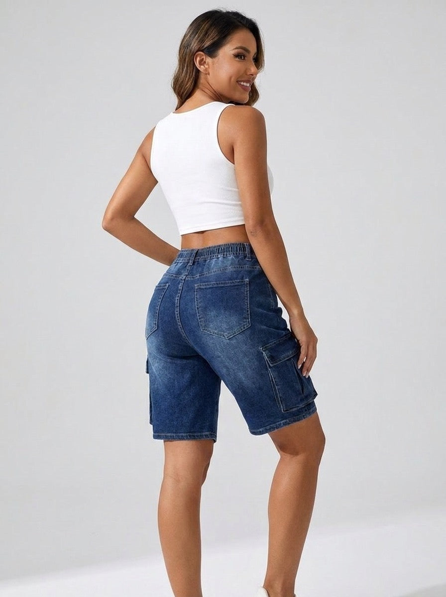 Vincenza Elastic-Cord Cargo Denim Shorts on model
