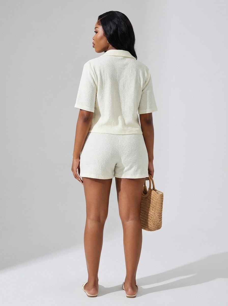 Wilma Blazer-Collar Cardigan & Tailored Shorts Set on model
