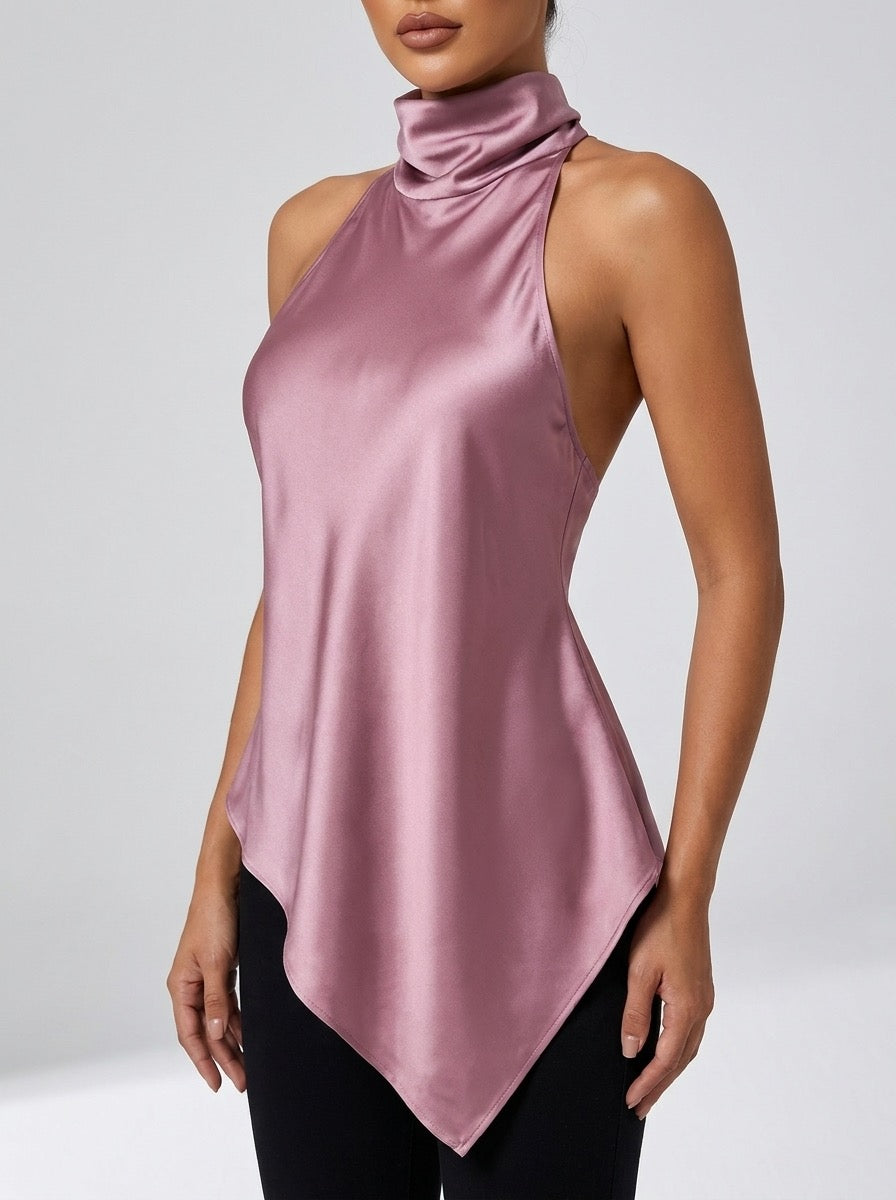 Mirtilla Satin Cowl Halter-Neck Top on model