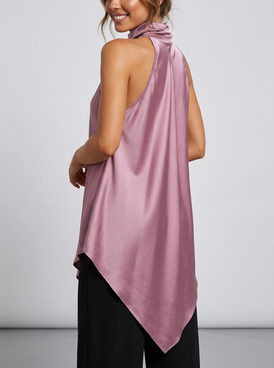 Mirtilla Satin Cowl Halter-Neck Top on model