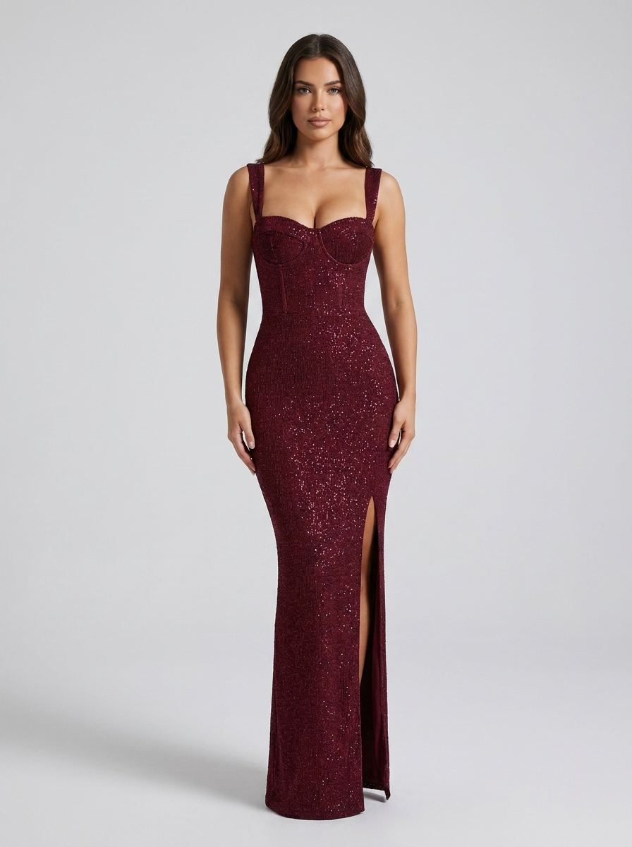 Zaira Shimmer Bustier Maxi Gown on model