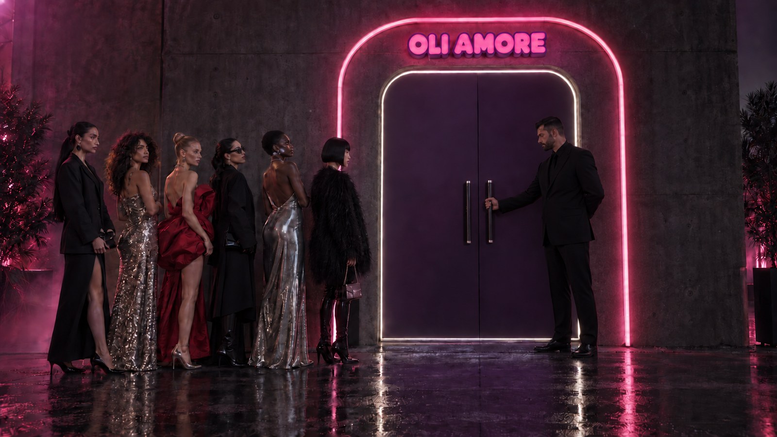 Oli Amore after-dark fashion campaign outside a neon-lit club